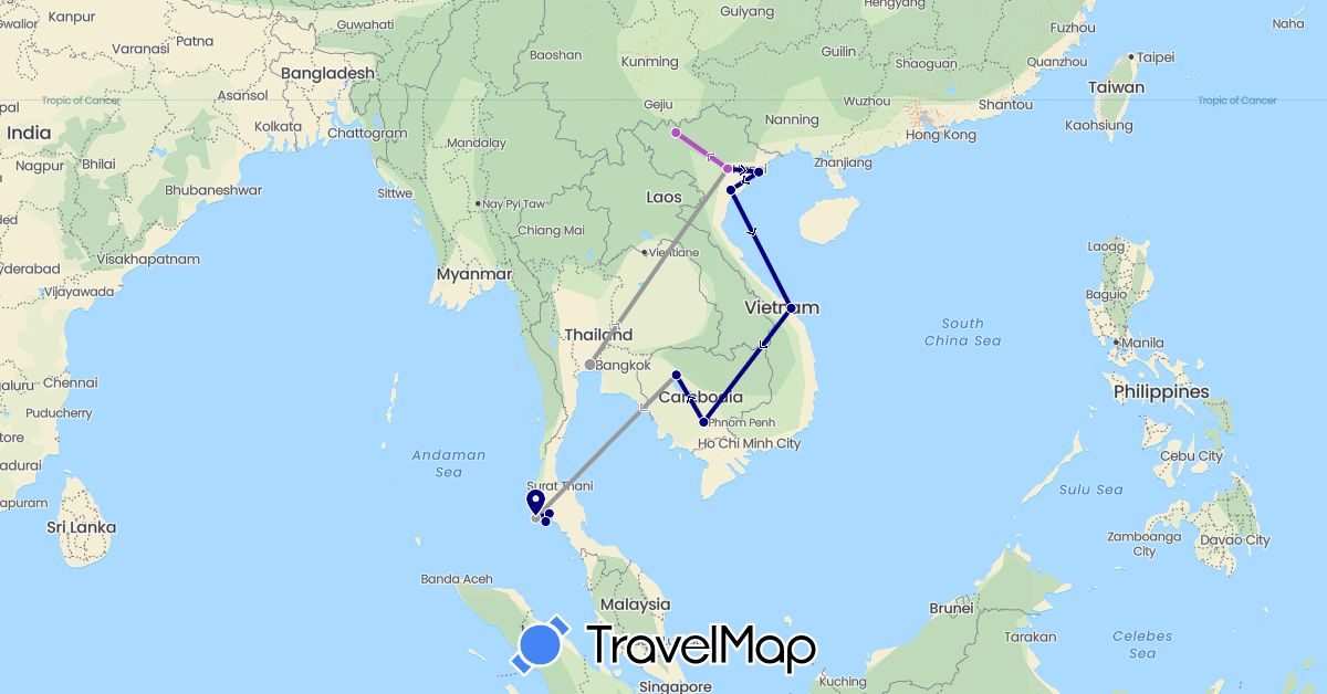 TravelMap itinerary: driving, plane, train in Cambodia, Thailand, Vietnam (Asia)